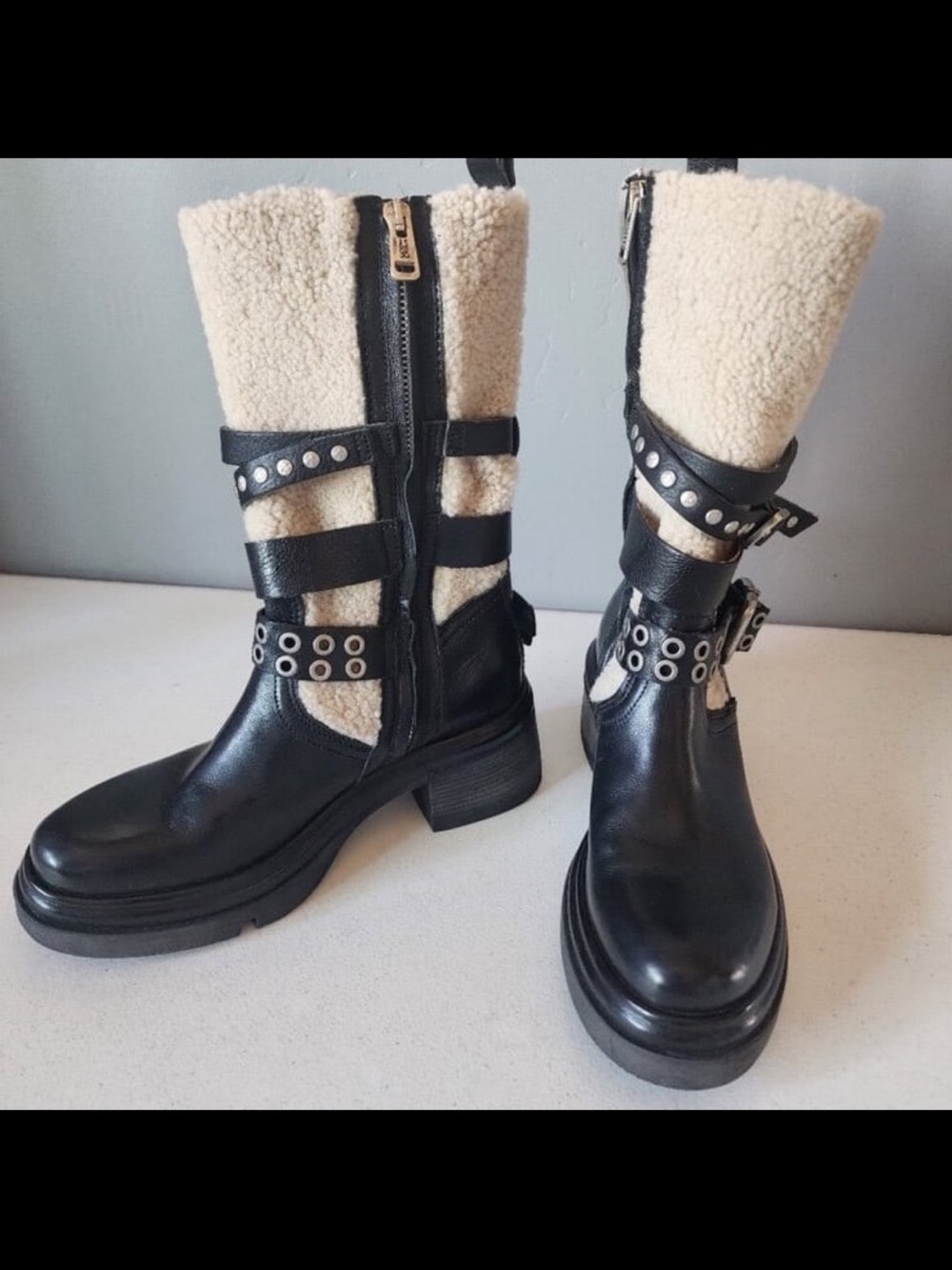A.S.98 Emmons Shearling & Black Leather Moto Boots w/ Buckle Straps, Biker, 8.5 - Picture 9 of 12